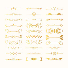 Set of vintage hand drawn golden dividers and lines. Gold fancy borders and elegant laurels. Vector isolated flourish elements.