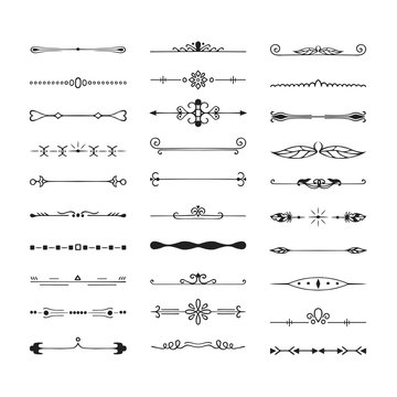 Set of vintage hand drawn vector dividers. Calligraphic lines, borders and laurels. Vector isolated ink elements.