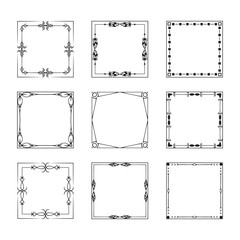 Set of vintage square elegant frames and wedding flourish borders. Vector isolated calligraphic filigree design elements.