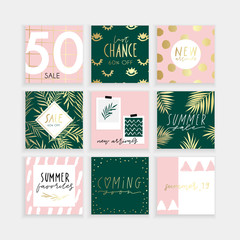 Summer Insta business, fashion, brand ad templates collection for posts and stories advertising.  Social media trends. Textured gold green pink palette, patterns background. Vector 