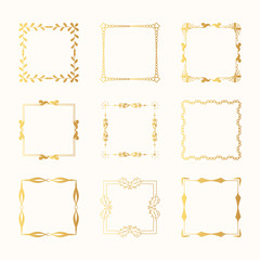 Set of golden square elegant frames and gold wedding flourish borders. Vector isolated calligraphic design elements. Vintage break.