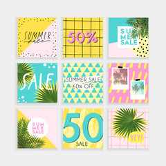 Summer Insta business, fashion, brand ad templates collection for posts and stories advertising. Social media trends textured patterns monstera palm leaves background. Bright tropical leaf vector 