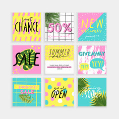 Summer Insta business, fashion, brand ad templates collection for posts and stories advertising. Social media trends textured patterns monstera palm leaves background. Bright tropical leaf vector  - 269551492
