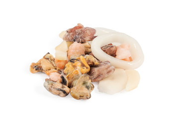assorted frozen seafood on white