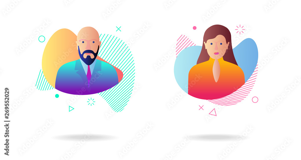 Aufkleber man woman avatar set on dynamic modern liquid element graphic gradient flat style design fluid vecto