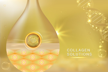 Hyaluronic acid skin solutions ad, gold collagen serum drop with cosmetic advertising background ready to use, vector illustration.