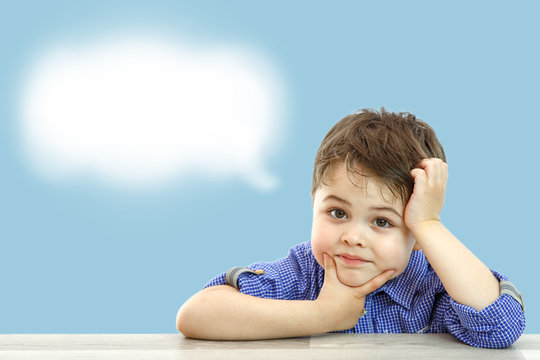 little cute boy and his cloud of thoughts on isolated background