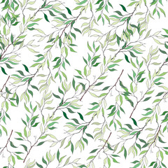 Simple background of branches with green leaves on white. Drawn botanical texture. Seamless ornament for fabric, tiles and paper on the wall.