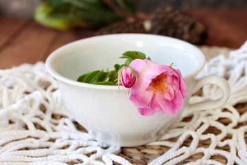 Taa de porcelana color blanco con rosa silvestre