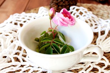 taza porcelana con decorada con rosa natural silvestre