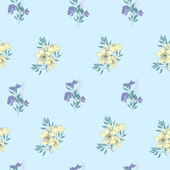 Floral background of delicate yellow and purple flowers. Vintage light texture for cards, tiles, invitations, greetings and advertising