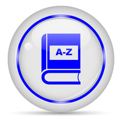 Dictionary icon. White glossy round vector icon in eps 10. Editable modern design internet button on white background.