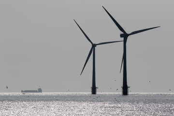 Clean energy. Offshore wind farm turbine silhouette. Naturally monochrome image.