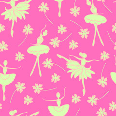 Dancing ballerina silhouette on pink background with flowers © Randmaart