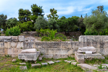 Athens, Attica / Greece. The Themistoclean Wall at the archaeological site of Olympieion or Columns of the Olympian Zeus. It was built as a result of the Persian Wars for the defence of Athens city