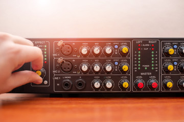 sound amplifier. audio recording studio. mixer arm with microphone