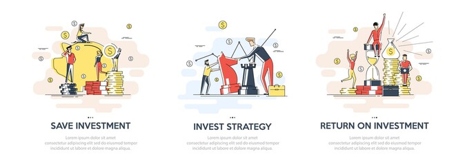 Flat linear illustration of Investing Plans set concept. Vector banner, icon, illustration. Save Investment. Strategy and return on investment. Isolated on white background.