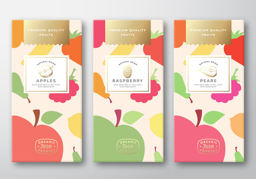 Dried Fruits Label Packaging Design Layout Collection. Abstract Vector Paper Box with Fruit and Berries Pattern Background Cover. Modern Typography and Hand Drawn Apple, Pear and Raspberry.