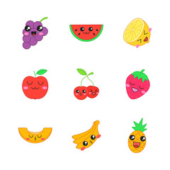 Fruits cute kawaii vector characters