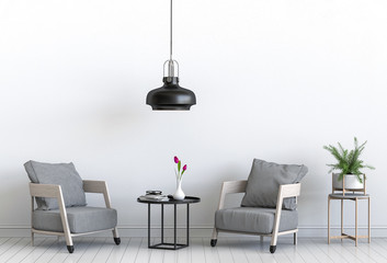 Fototapeta na wymiar interior living room with armchair, plant, lamp. 3D render