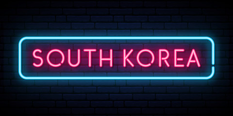 Obraz premium South Korea neon sign. Bright light signboard. Vector banner.