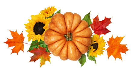 Round pumpkin with autumn colorful leaves and sunflowers