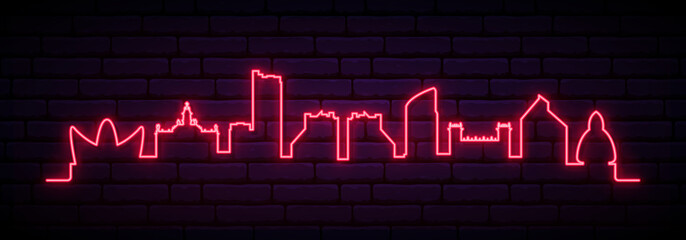 Fototapeta premium Red neon skyline of Valencia city. Bright Valencia long banner. Vector illustration.