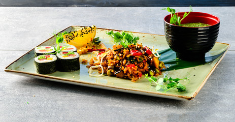 Japanese cuisine vegetarian business lunch with vegetable tahana and soup