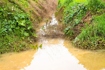 Full water ditch in a field after torrential rain
