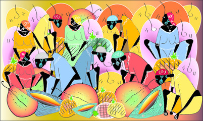 Ethnic vintage colorful background with African black people with jugs and fruits. Perfect for screen background, site backdrop, wrapping paper, wallpaper, textile and surface design