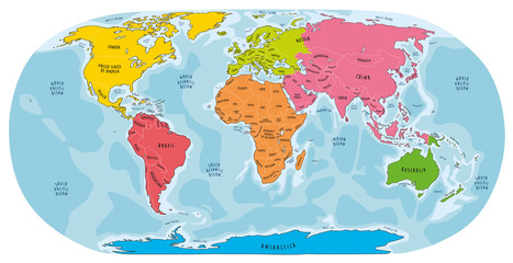 World map hand drawn illustration with English labels. Colorful cartoon style.
