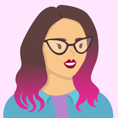 avatar portrait of a young woman character in glasses with curly pink hair and red lips. Vector graphics