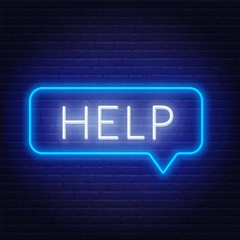 Neon sign of word help in speech bubble frame on dark background. Vector.
