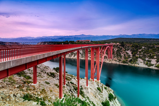 Colorful Sunset Over Maslenica Bridge in Dalmatia, Croatia