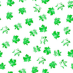 Seamless texture of watercolor green spots on an white background. Abstract pattern of prints of maple leaves for design, textile, decoration.