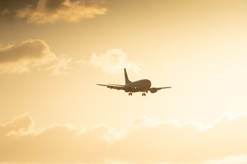 Fototapeta na wymiar Airplane landing on a sunset sky