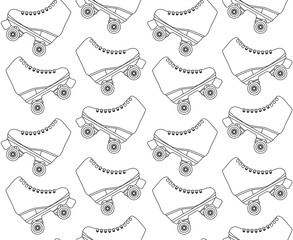 Vector seamless pattern of flat cartoon black line drawn roller skates isolated on white background 
