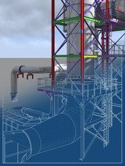 Nord stream 2. BIM model of an engineering project for the construction of the Nord stream 2 gas pipeline. Building Information Modeling. 3D rendering.