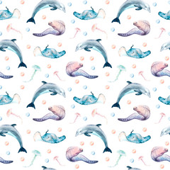 watercolor drawings on the theme of the ocean, the sea - seamless pattern