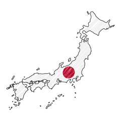 Japan map hand drawn sketch. Vector concept illustration flag, childrens drawing, scribble map. Country map for infographic, brochures and presentations isolated on white background. Vector