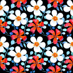 Seamless pattern with colorful tropical design. Hibiscus, plumeria . Hand painted in watercolor.