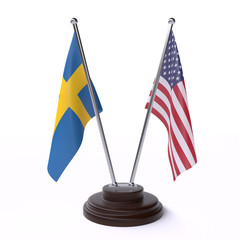 Sweden and USA, two table flags isolated on white background. 3d image 