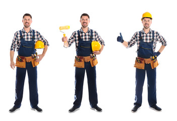 Collage of construction worker in uniform with different tools on white background