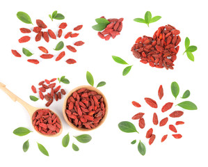 Set of tasty goji berries on white background, top view