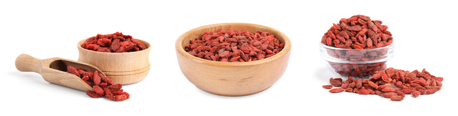 Set of bowls and scoop with tasty goji berries on white background