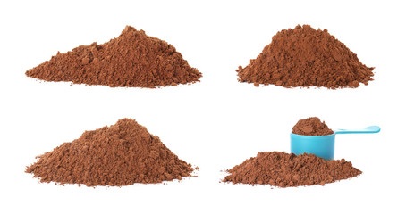 Set with piles of protein powder on white background