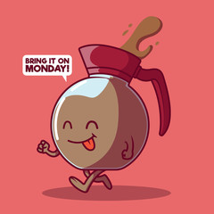 Coffee cup character walking vector illustration. Beverage, Food, weekend, energy, monday, funny design concept 