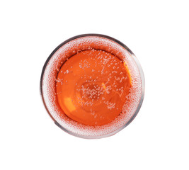 Glass of rose champagne isolated on white, top view
