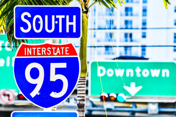 interstate 95 street sign with blue sky , miami city florida usa america