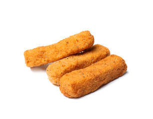 Tasty crispy cheese sticks isolated on white